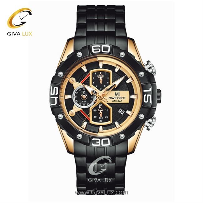 ساعت مچی اورجینال مردانه ناوی فورس|Naviforce|نوی فورس|نیوی فورس سه موتوره کرنوگراف رزگلد | مشکی| مشکی| کد رفرنس NF8018